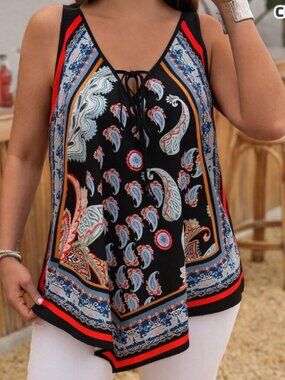 Women's Patterned V-Neck Tie-Up Tank Top - XL